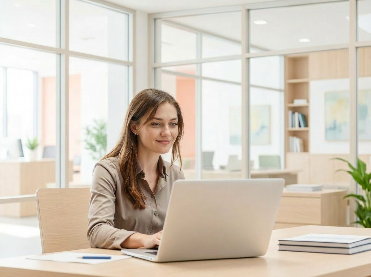 City staffer working at a desk in a modern municipal office
